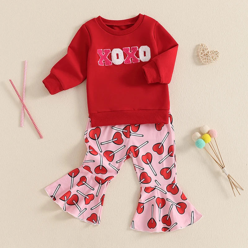 Baby Toddler Girls 2Pcs XOXO Valentine's Day Outfit Letter Embroidery Crew Neck Long Sleeve Top Flare Lolipop Print Pants Clothes Set Valentines