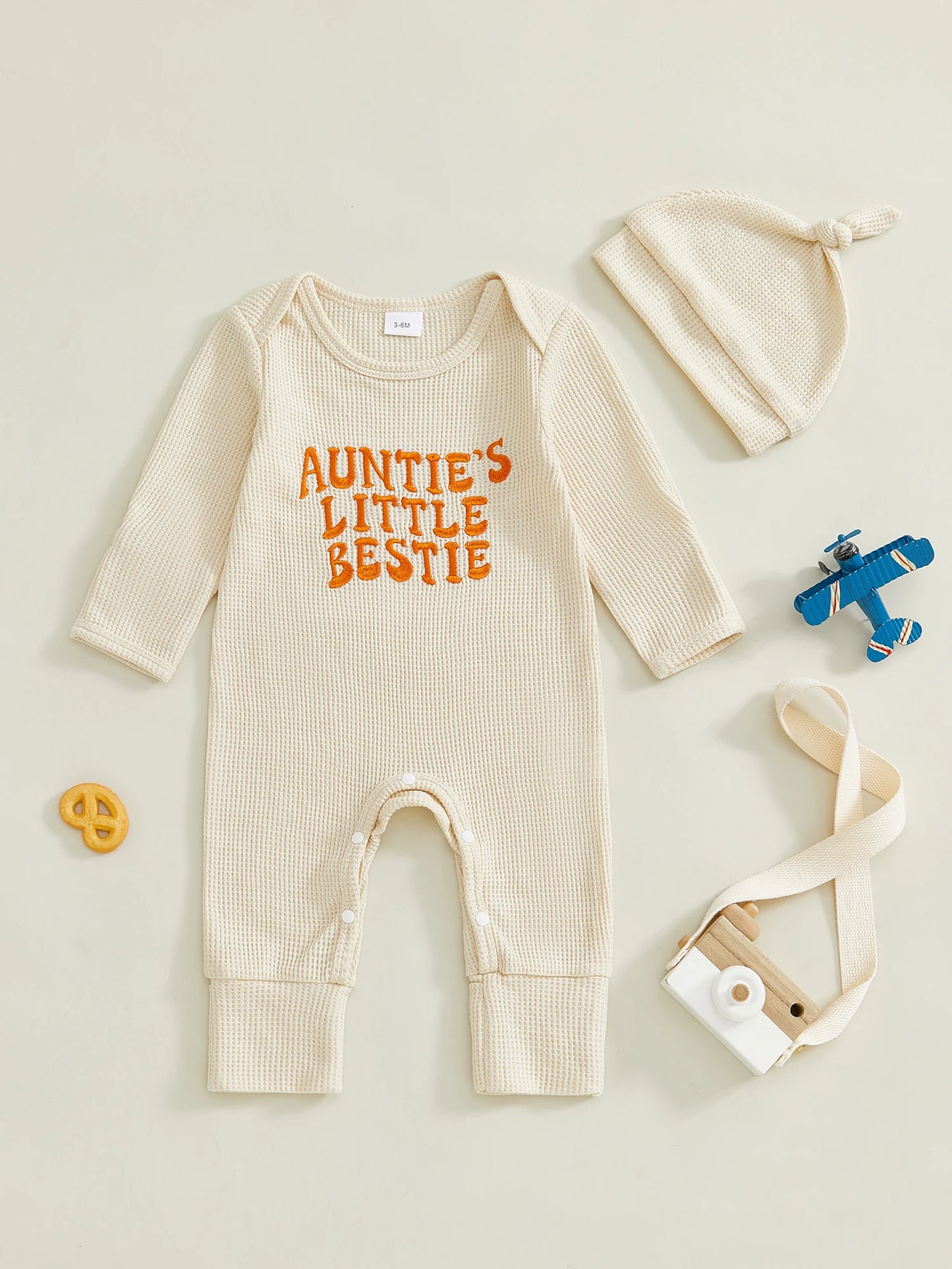 Baby Boys Girls 2Pcs Auntie's Little Bestie Fall Outfits Long Sleeve Letter Embroidery Jumpsuit with Hat Set Clothes