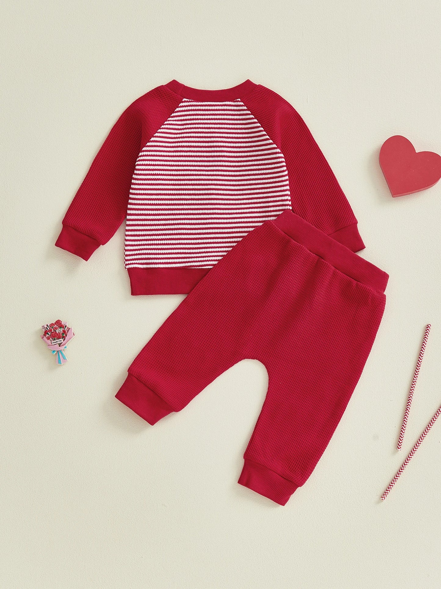 Baby Toddler Boy Girl 2Pcs Valentine's Day Outfits Waffle Stripe Heart Letter LOVE Embroidered Crew Neck Long Sleeve Top with Heart Patch Pants Jogger Set