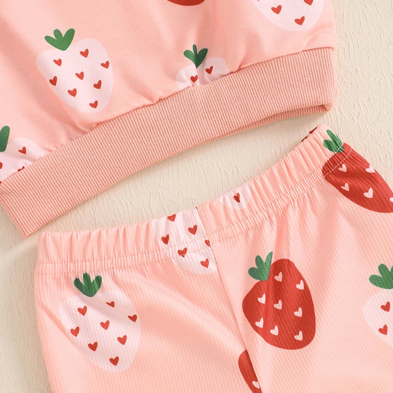 Baby Toddler Girls 2Pcs Outfit Strawberry Print Long Sleeve Crewneck Top with Flare Pants Set