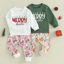 Load image into Gallery viewer, Baby Boy Girl 2Pcs Christmas Clothes Set Long Sleeve Letter Merry Mini Christmas Tree Print Pullover Top Cookie/Hot Chocolate Print Pants Outfit
