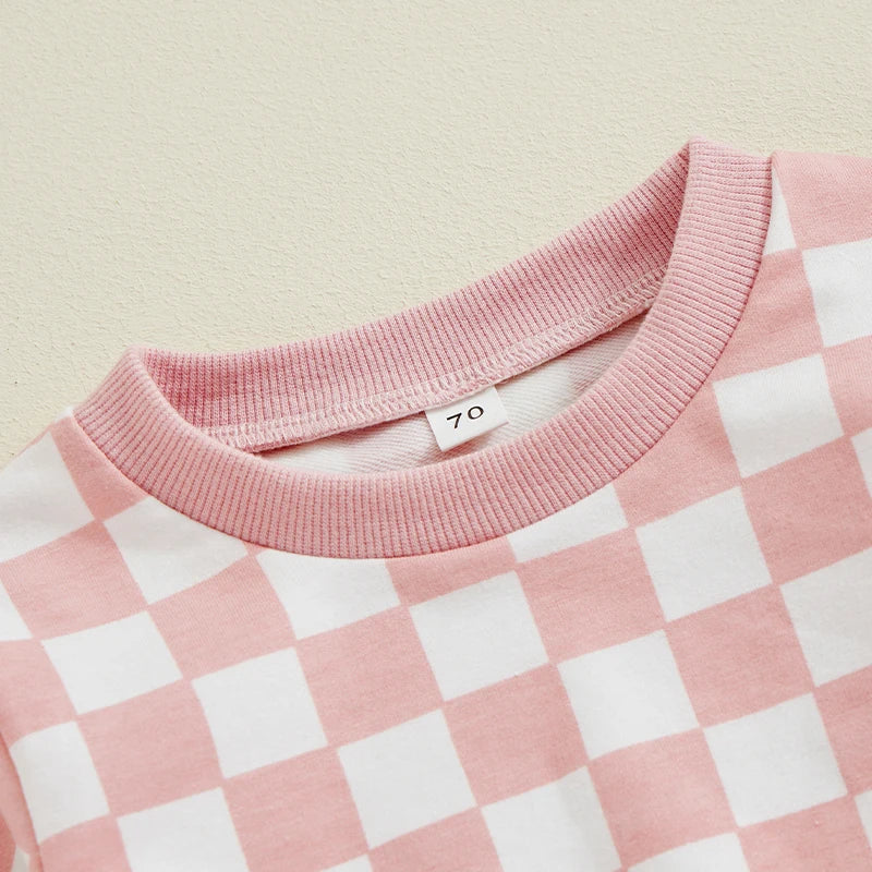 Baby Toddler Girls 2Pcs Fall Sets Long Sleeve O Neck Checkerboard Print Top Drawstring Pants Jogger Set