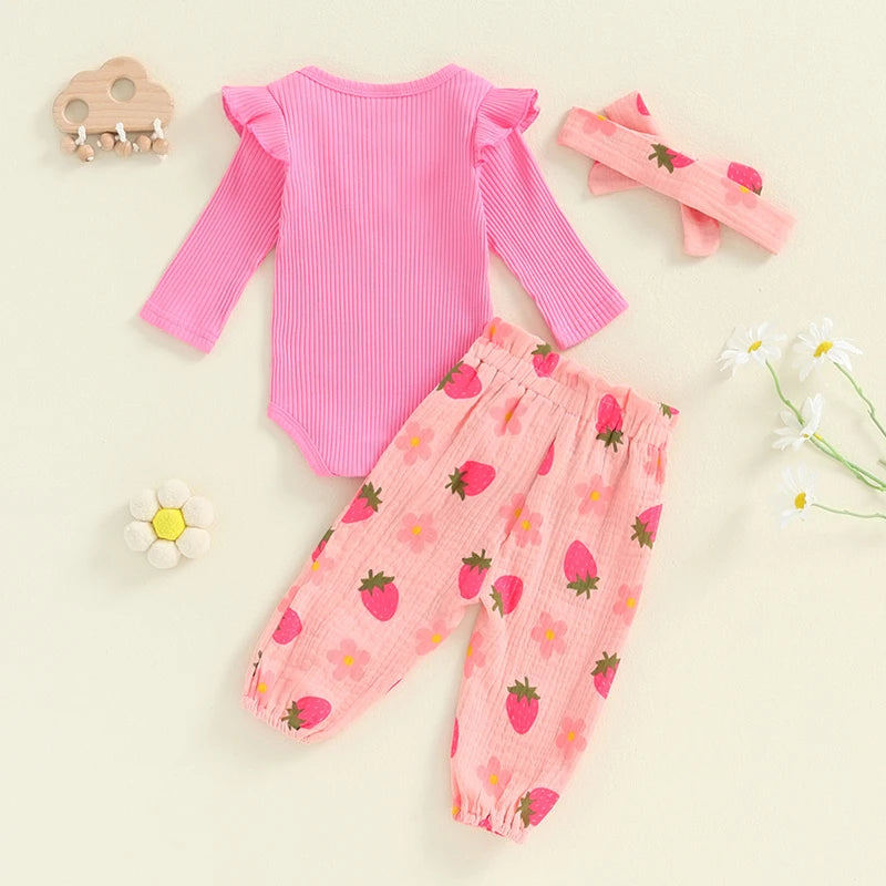 Baby Girls 3Pcs Fall Outfit Long Sleeve Ribbed Romper + Floral Flower Print Pants + Headband Set