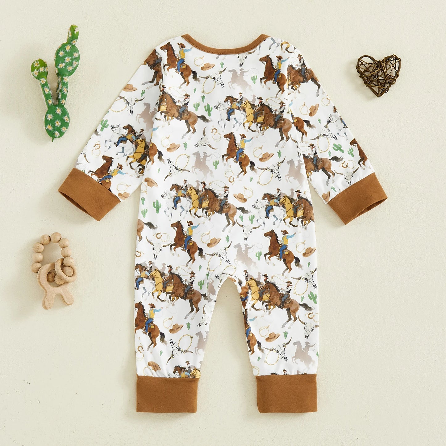 Baby Boy Western Zipper Romper Cactus Horse Print Long Sleeve Zip-up Jumpsuit Casual Infant Clothes