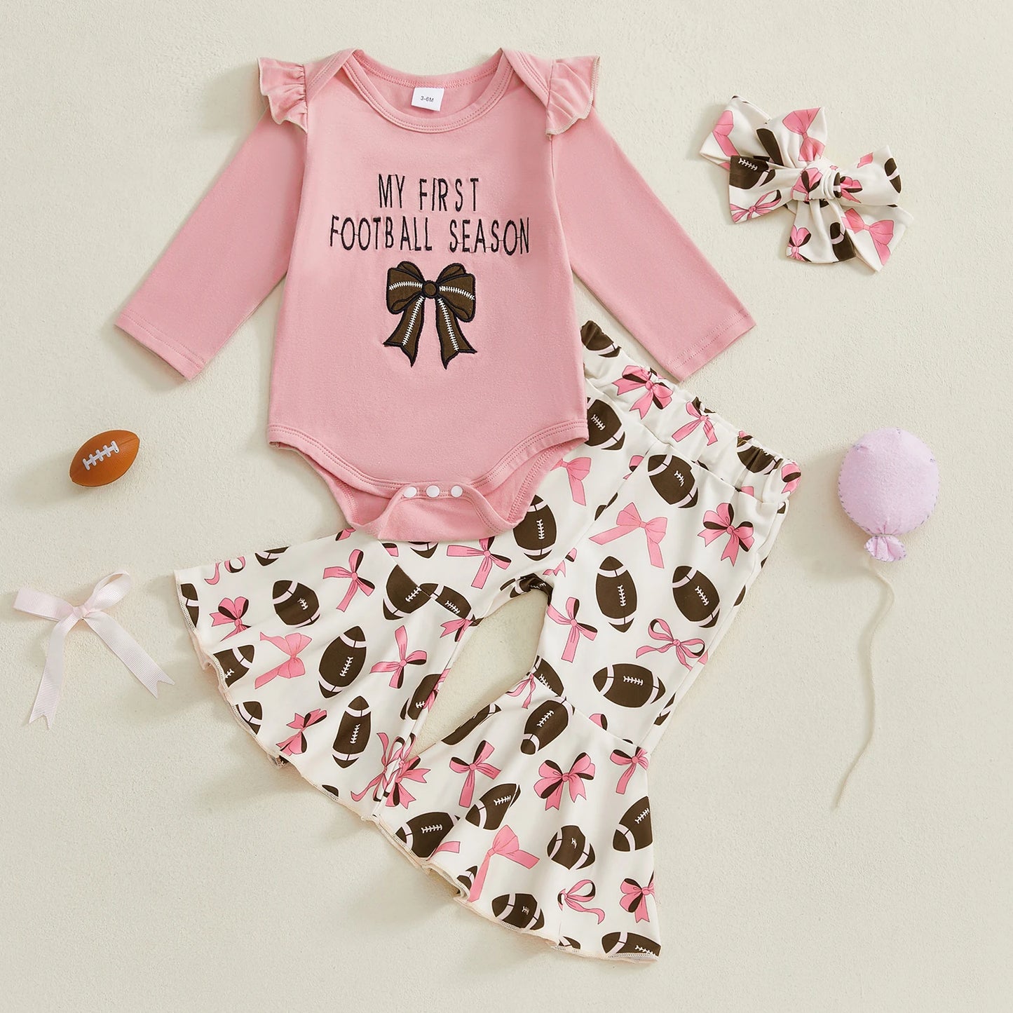 Baby Girls 3Pcs Game Day Fall Outfit Football Print Long Sleeves Romper and Elastic Flared Pants Headband Set Cute Clothes