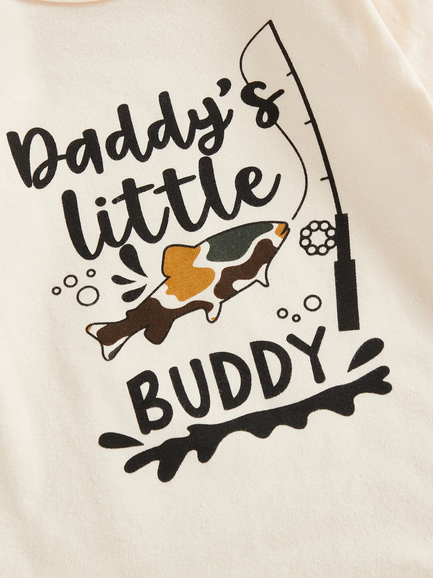 Baby Boy 3Pcs Fall Clothes Letter Fish Daddy's Little Buddy Print Long Sleeve Romper Camouflage Pants and Hat 3Pcs Outfit