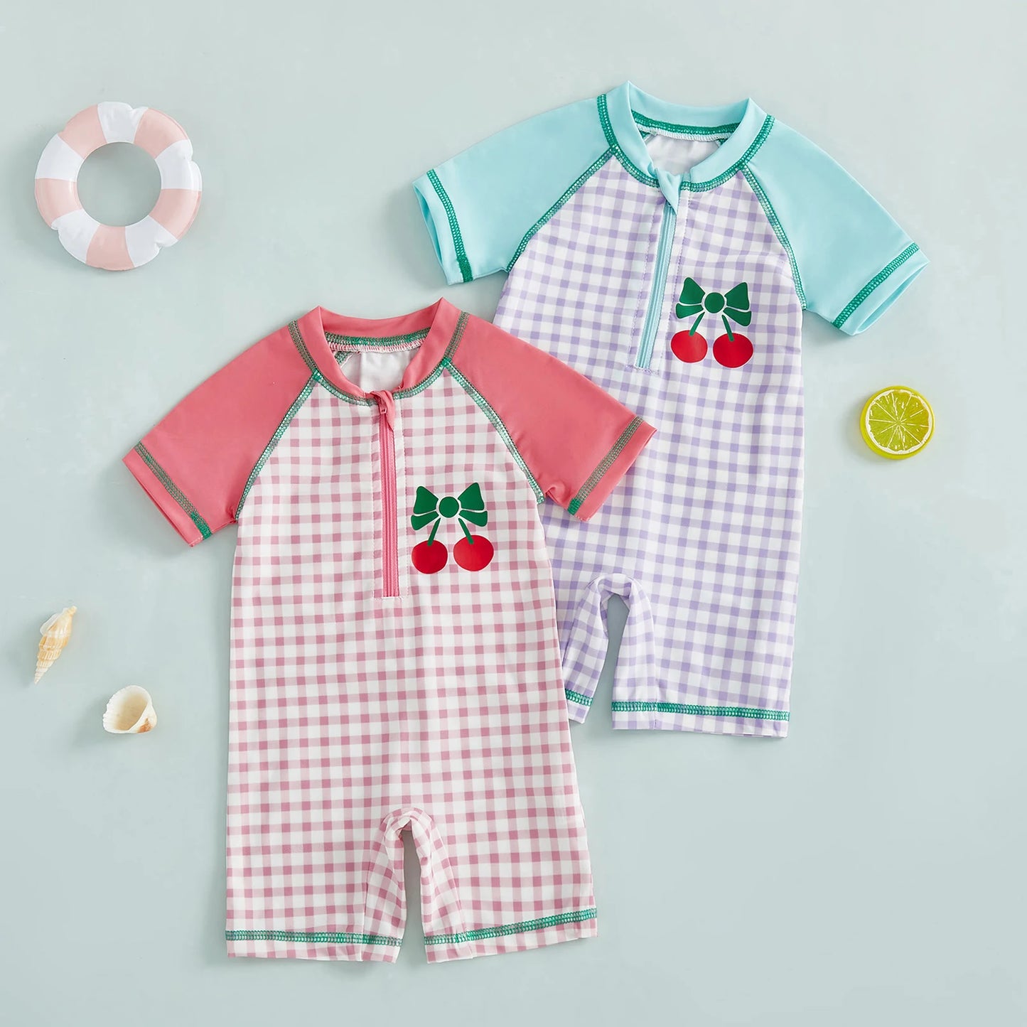 Baby Toddler Girls Rash Guard Swimsuit Plaid Contrast Color Cherry Zip Up Short Sleeve Baby Girls Swimwear Bathing Suit
