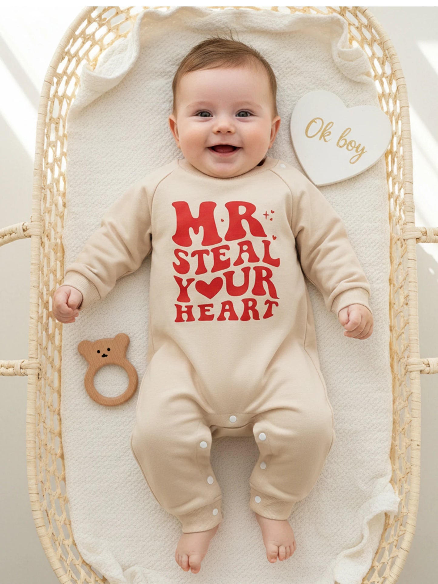 Baby Boy Valentines Romper Mr. Steal Your Heart Fashionable Cute Letters Printed Long Sleeve Jumpsuit