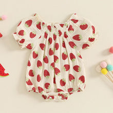 Load image into Gallery viewer, Baby Toddler Girls Strawberry Print Romper Square Neck Puff Sleeve Ruffled Jumpsuit
