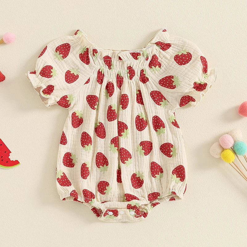 Baby Toddler Girls Strawberry Print Romper Square Neck Puff Sleeve Ruffled Summer Jumpsuit