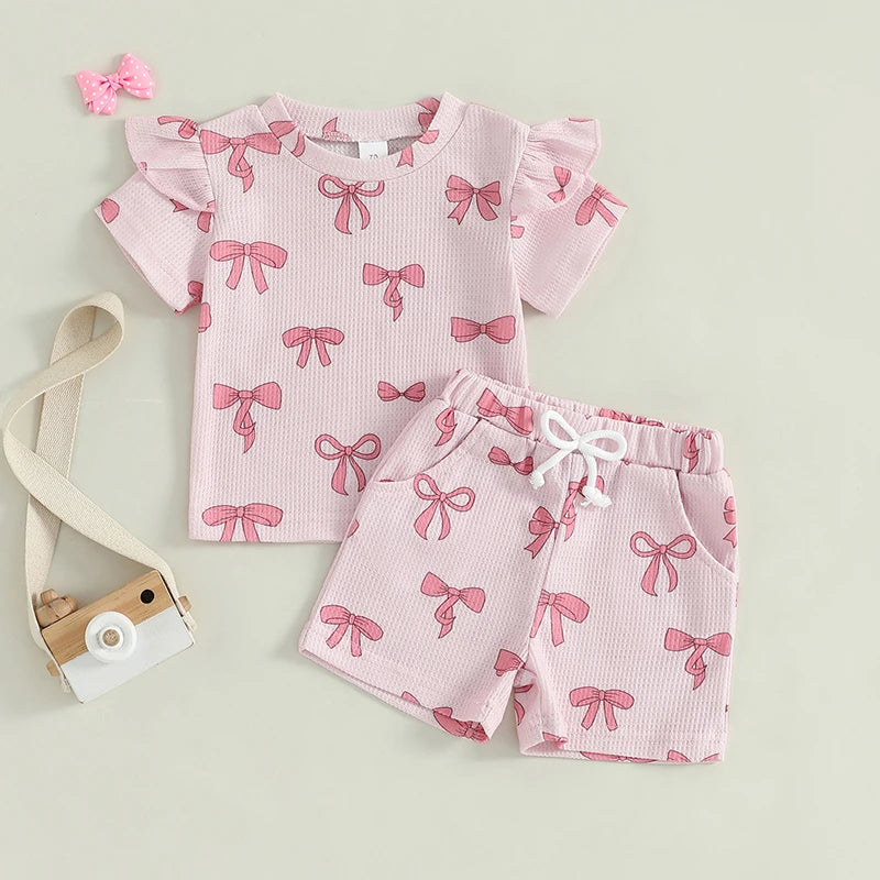 Baby Toddler Girls 2Pcs Summer Clothes Bow Print Short Frill Sleeve O-Neck T-Shirt Top with Elastic Waist Shorts Set Outfit