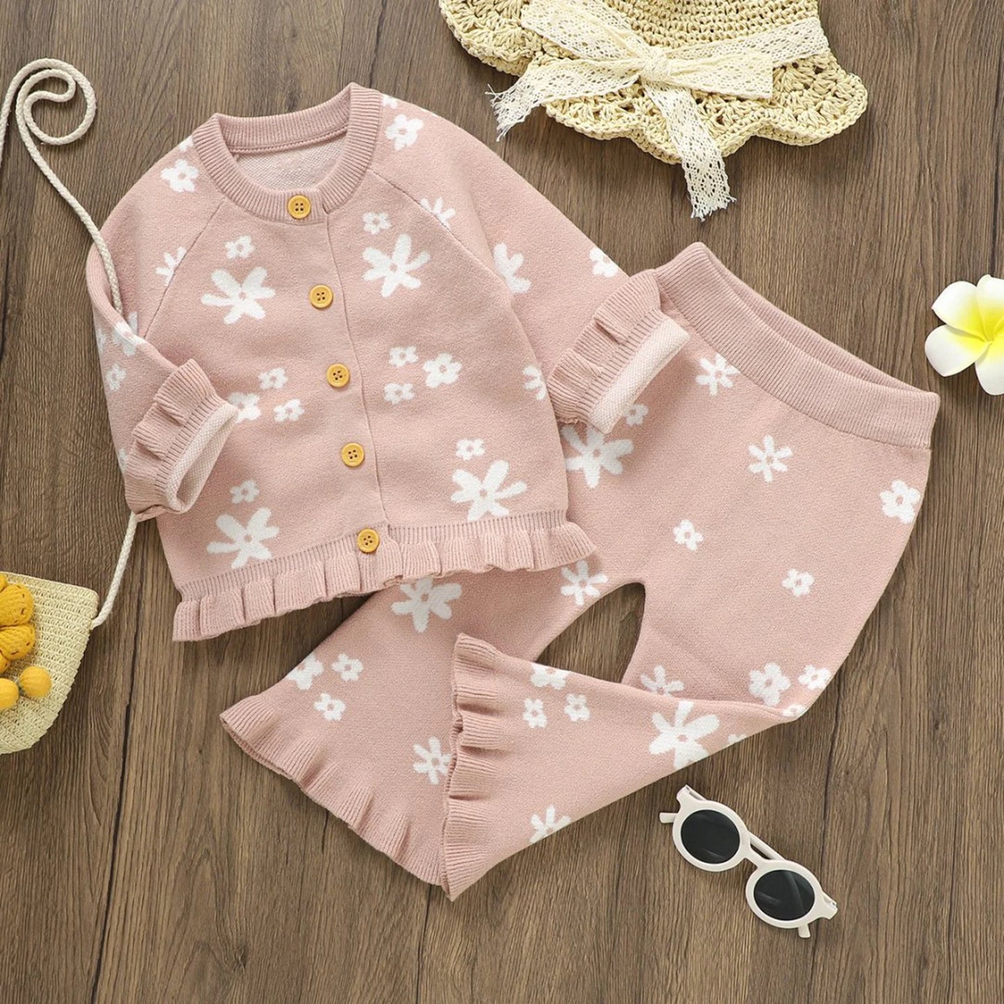 Baby Toddler Girl 2Pcs Fall Outfits Long Sleeve Floral Print Knit Cardigan Tops Flare Pants Set Toddler Clothes
