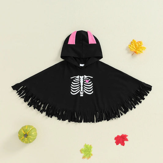 Toddler Kids Boys Girls Halloween Cloak Coat Skeleton Print Cape Poncho with Hood Bat Ears Tassel Costume