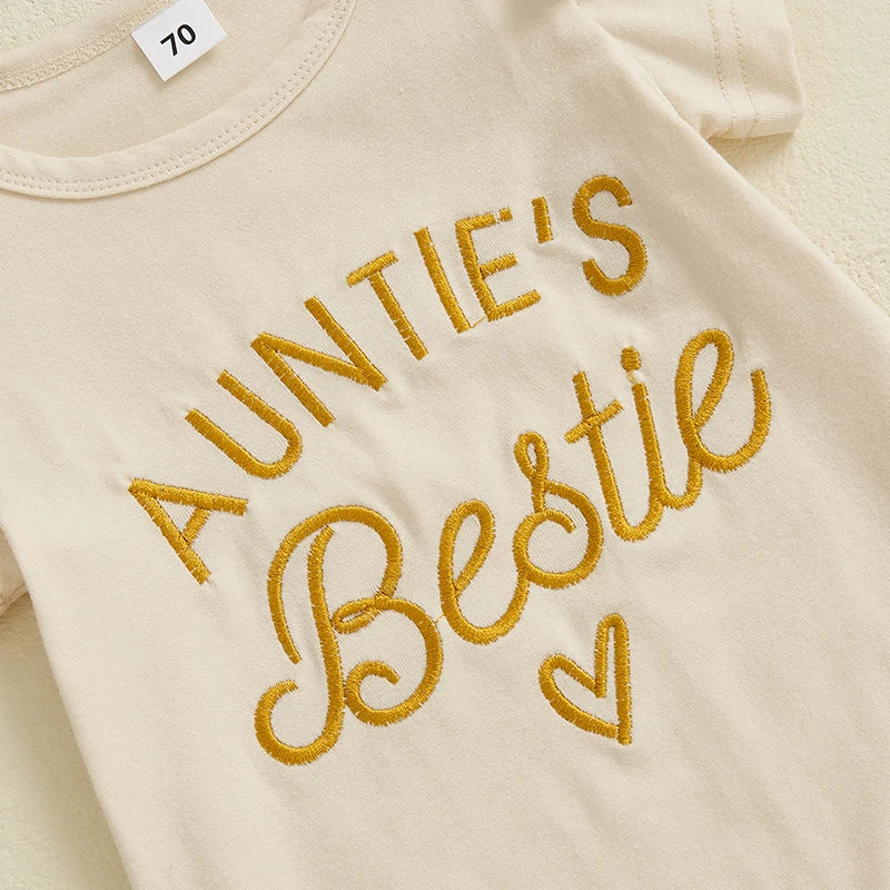 Baby Girls 3Pcs Auntie's Bestie Outfit Short Sleeve Letter Print Romper with Leopard Pattern Print Belted Pants and Headband Set