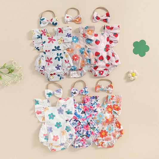 Baby Girl 2Pcs Outfit Flower Strawberry Butterfly Print Fly Sleeve Frilly Romper With Bow Hairband Set