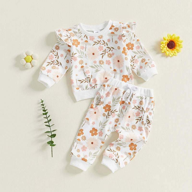 Baby Toddler Girls 2Pcs Fall Set Long Sleeve O Neck Floral Flowers Print Top Drawstring Pants Outfit