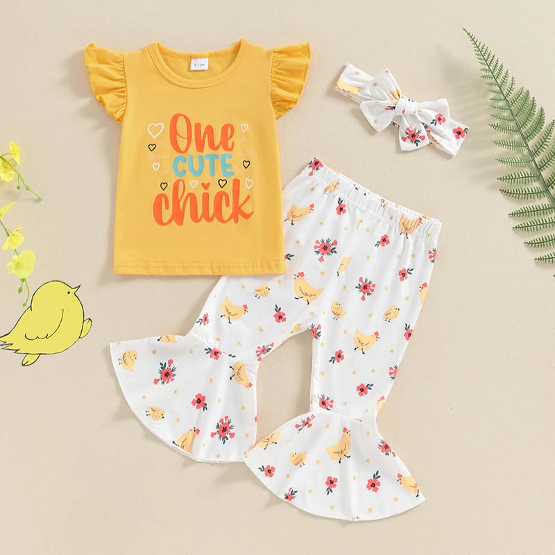 Baby Toddler Girls 2Pcs One Cute Chick Summer Outfit Fly Short Sleeve Top + Chicken Print Flare Pants Set