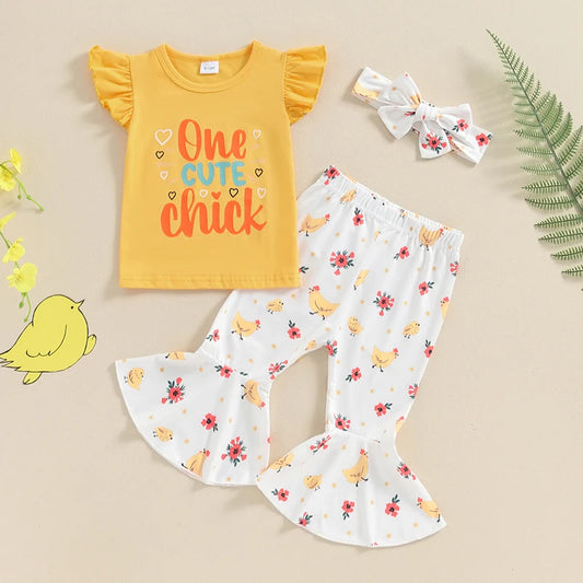 Baby Toddler Girls 2Pcs One Cute Chick Summer Outfit Fly Short Sleeve Top + Chicken Print Flare Pants Set