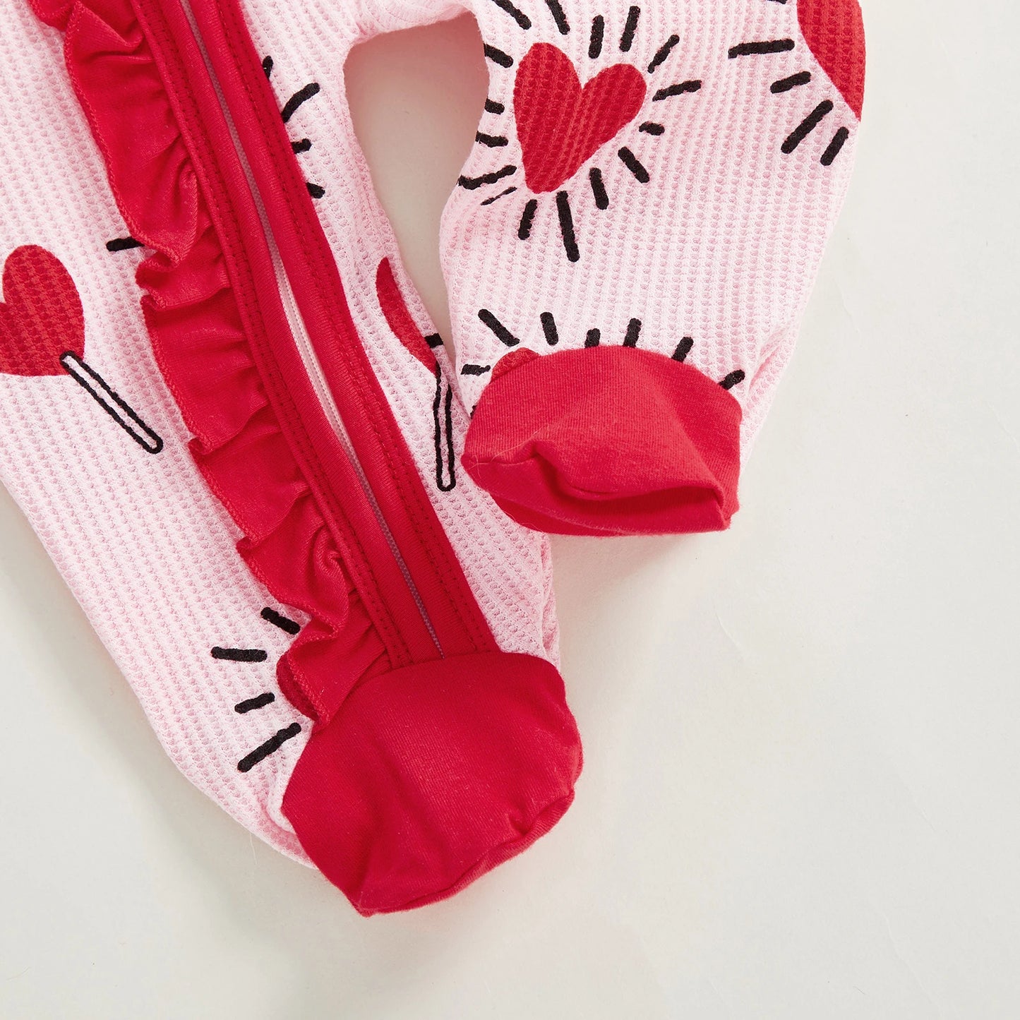 Baby Girl 2Pcs Valentines Day Zipper Romper Heart Candy Pattern Long Sleeve Zip Up Round Neck Footed Jumpsuit with Bow Headband Set