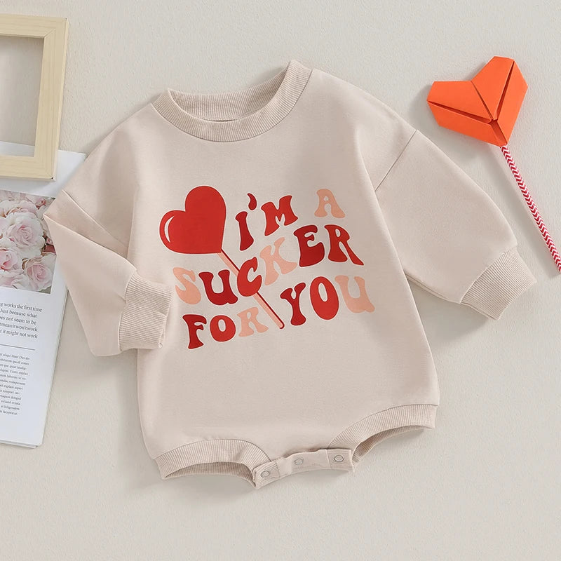 Baby Boy Girl Bubble Romper Long Sleeve Letters I'm A Sucker For You Heart Print Round Neck Jumpsuit Valentine's Day