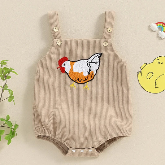 Baby Boys Girls Corduroy Romper Casual Square Neck Sleeveless Overall Chicken Dinosaur Baseball Tractor Embroidery Summer Jumpsuit