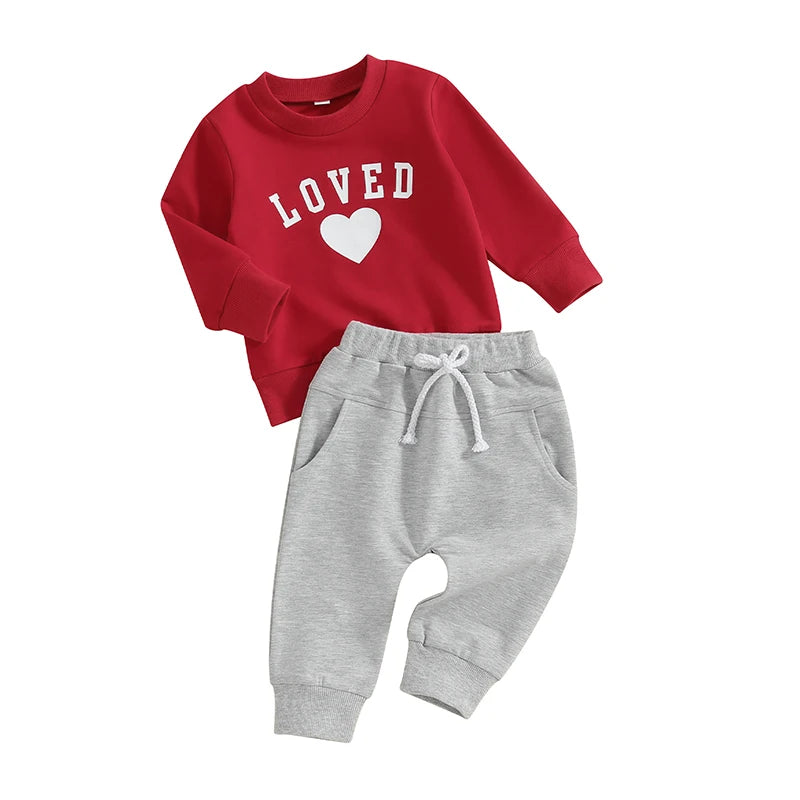 Baby Toddler Boys Girls 2Pcs Valentine's Day Outfits Heart Letter Loved Print Long Sleeve Top and Long Pants Clothes Set