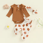 Baby Girls 3Pcs Fall Outfit Long Sleeve Ribbed Romper + Floral Flower Print Pants + Headband Set