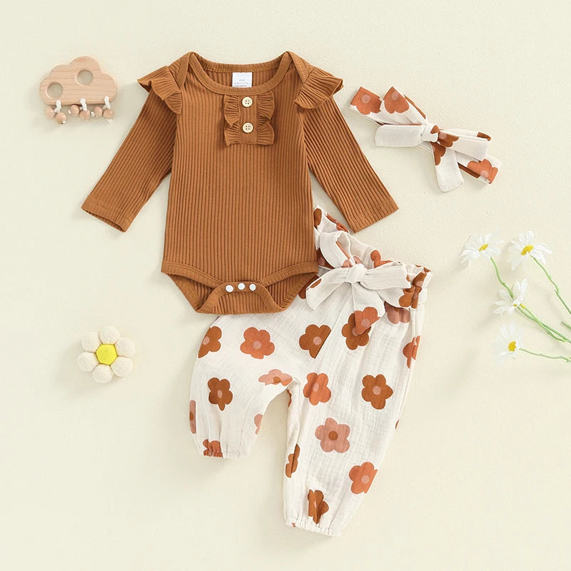 Baby Girls 3Pcs Fall Outfit Long Sleeve Ribbed Romper + Floral Flower Print Pants + Headband Set