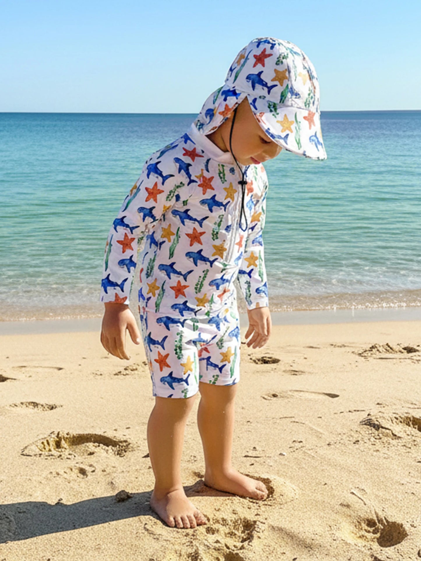 Baby Toddler Boys 3Pcs Rash Guard Swimsuit Print Zip Up Long Sleeve Swimwear Top Swim Shorts and Hat Set