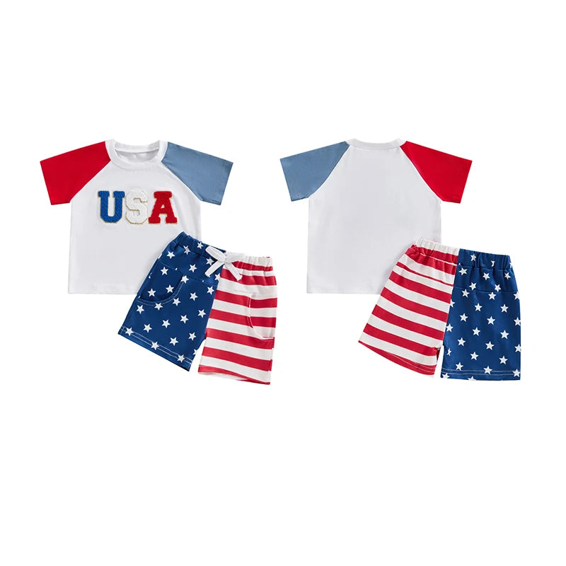 Baby Toddler Boys 2Pcs 4th of July White Short Sleeve USA Letter Embroidery Top Star Stripe Print Shorts Set