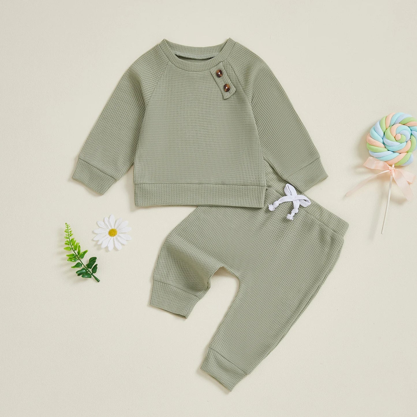 Baby Toddler Boys Winter Fall Outfit Solid Button Long Sleeve Top and Elastic Waist Pants 2Piece Waffle Set