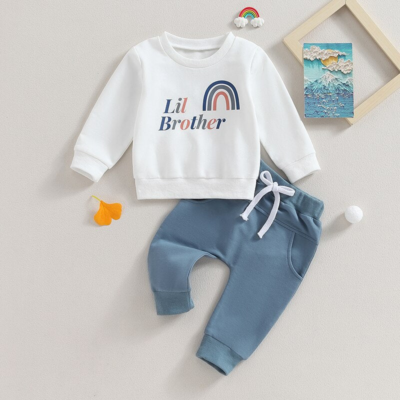 Baby Toddler Boys 2Pcs Long Sleeve Letter Print Lil Big Brother Rainbow Crew Neck Pullover Top +Jogger Pants Clothes Sibling Matching Set