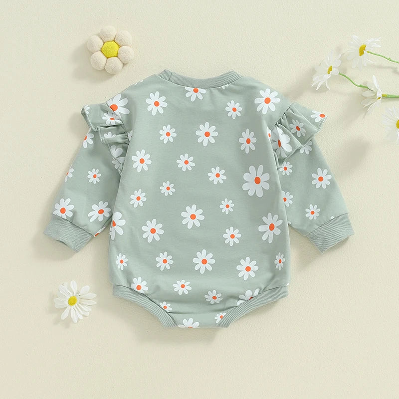 Baby Girl Bubble Romper Flower Daisy Print Round Neck Long Sleeve Jumpsuit