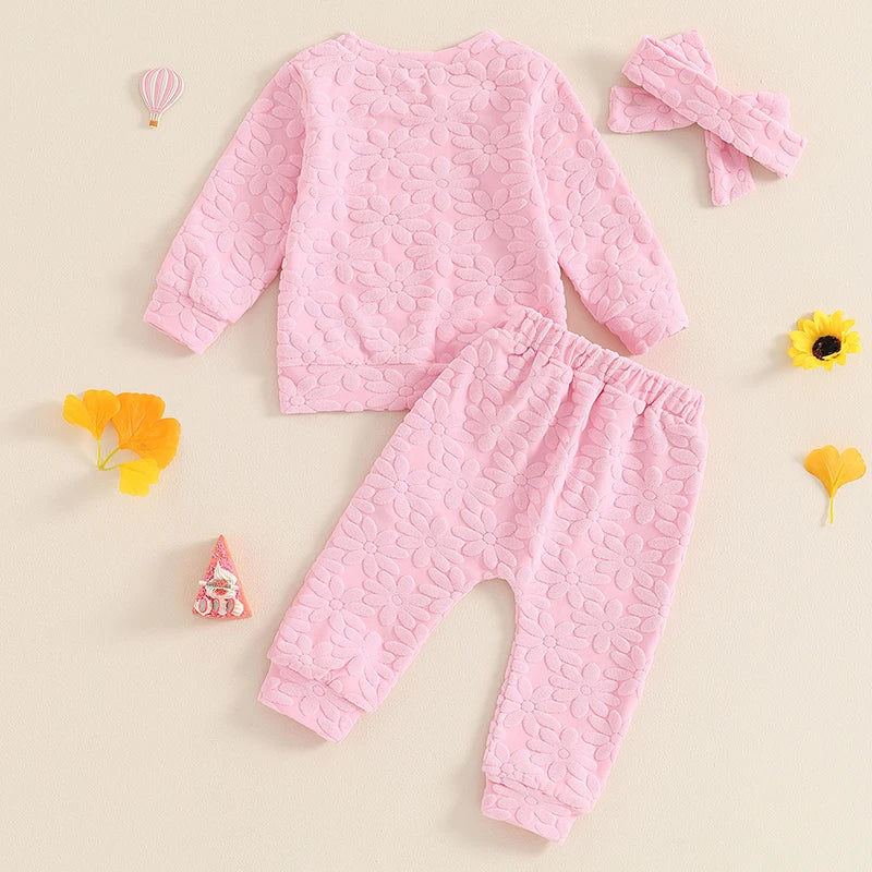 Baby Toddler Girls 3Pcs Fall Outfit Daisy Flower Embroidery Long Sleeve Top with Elastic Waist Pants Headband Set