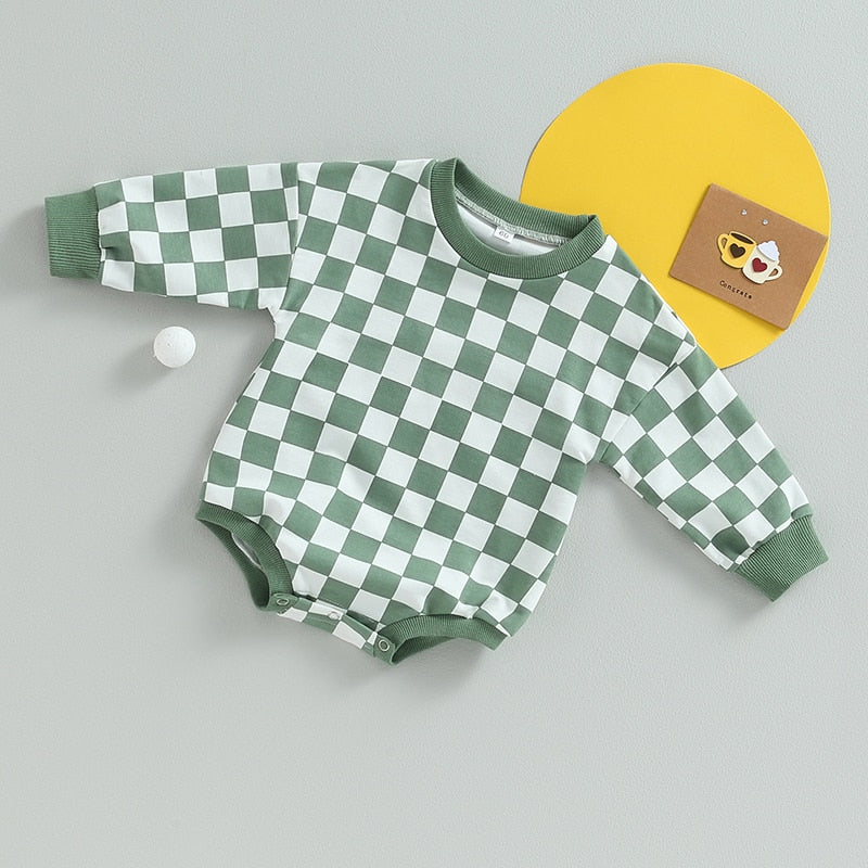 Baby Boy Girl Fall Sweatshirt Bodysuit Checkerboard Print Long Sleeve Jumpsuit Romper