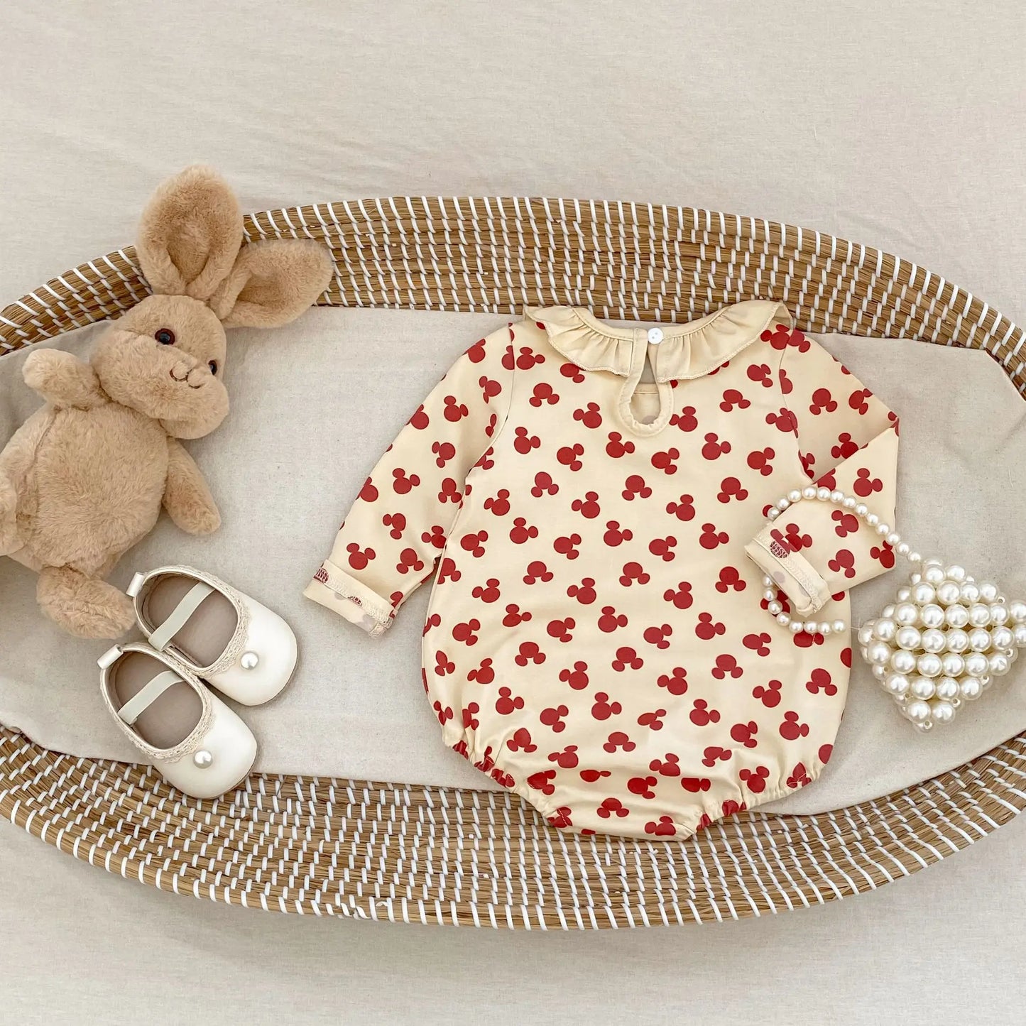 Baby Toddler Girl Clothes Mouse Print Romper Elegant Collar Long Sleeve Cute Sweet Bodysuit Autumn