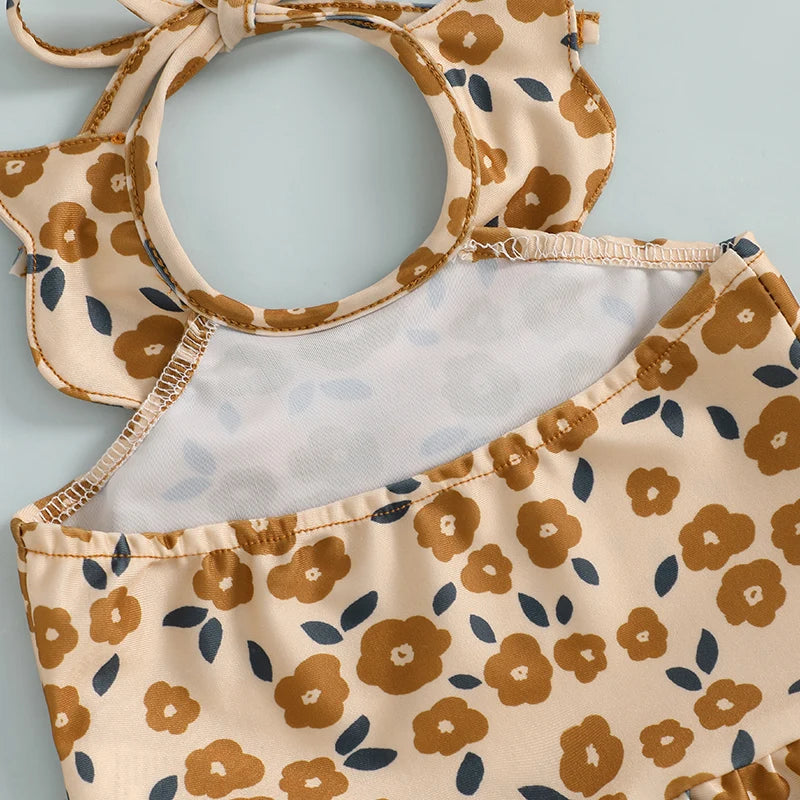 Baby Girls Halter Neck Swimwear Floral Cherry Print Romper Dress Bathing Suit Ruffled Beachwear