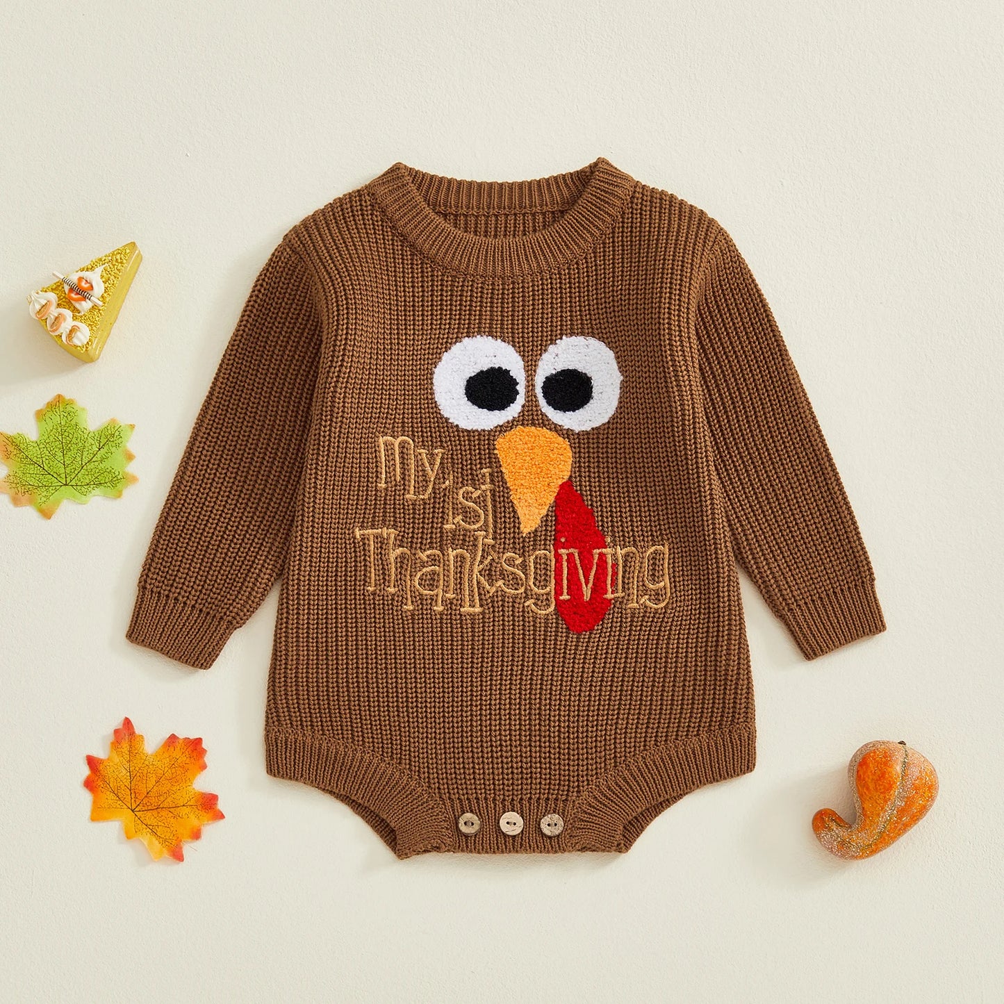 Baby Boys Girls My First Thanksgiving Romper Turkey Embroidery Long Sleeve Crew Neck Knit Bodysuit Romper