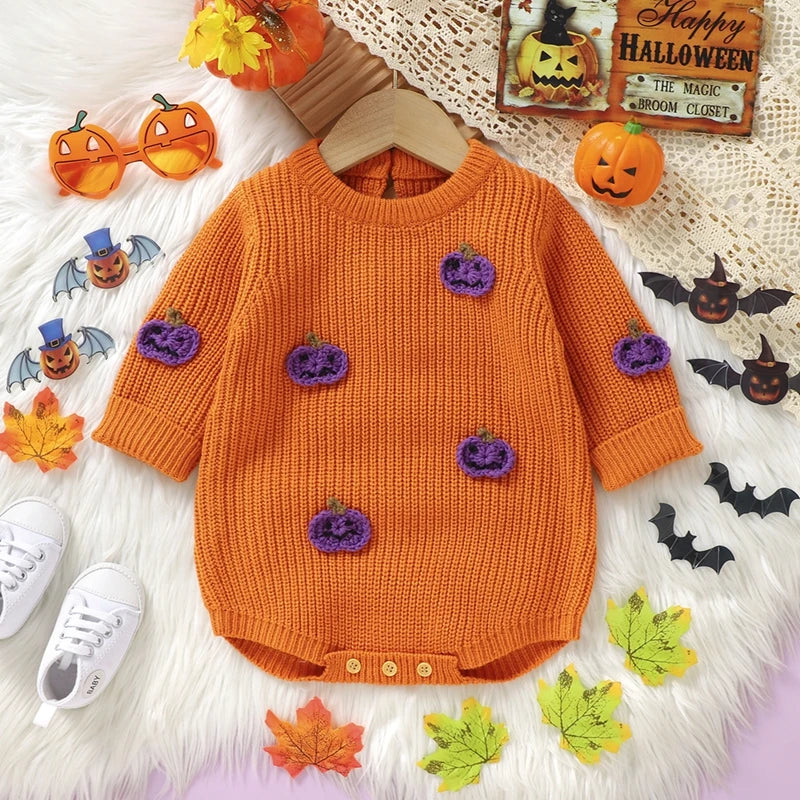 Baby Boys Girls Halloween Knit Romper Pumpkin Embroidery Round Neck Long Sleeve Sweater Jumpsuit