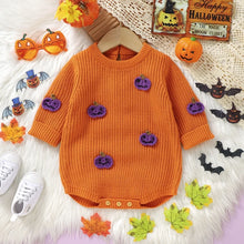 Load image into Gallery viewer, Baby Boys Girls Halloween Knit Romper Pumpkin Embroidery Round Neck Long Sleeve Sweater Jumpsuit
