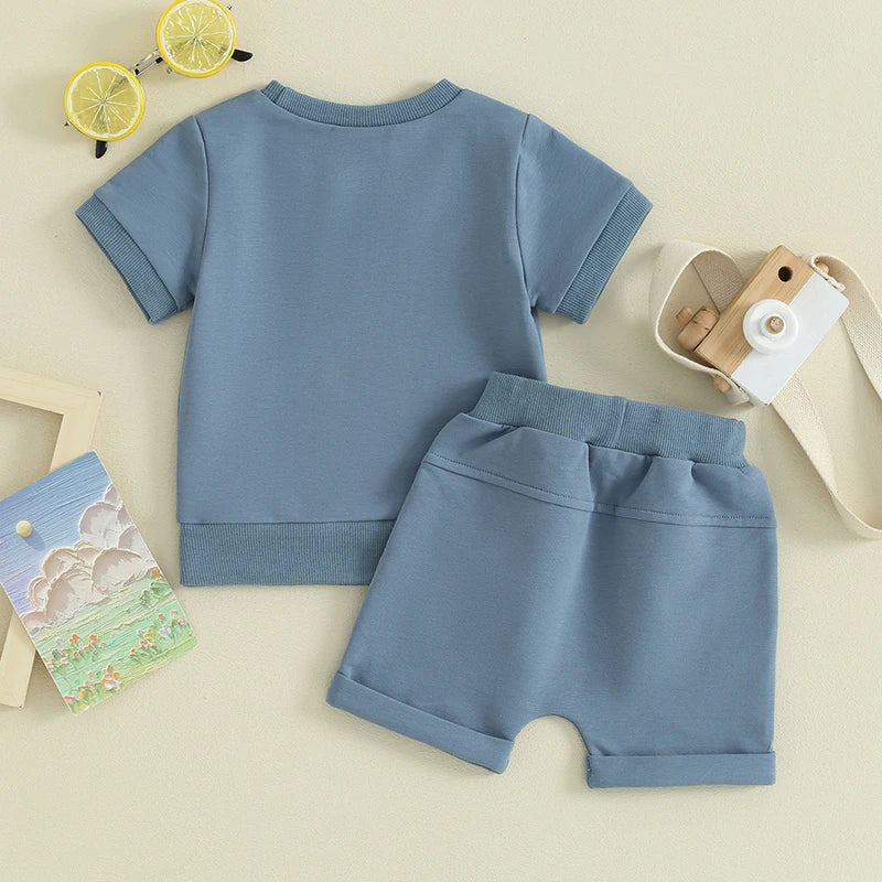 Baby Toddler Boy 2Pcs Auntie's Boy Shorts Set Letter Print Short Sleeve Round Neck Top with Solid Color Shorts Outfit