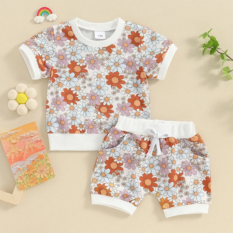 Baby Toddler Girls 2Pcs Summer Clothes Sets Outfits Floral Print Short Sleeve  Top with Pocket Shorts