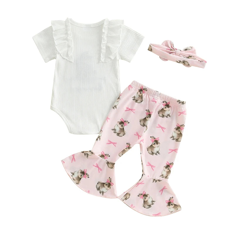 Baby Girls 3Pcs Snuggle Bunny Easter Outfit Short Sleeve Letter Embroidery Romper with Bunny Rabbit Print Flare Pants and Bow Headband Set