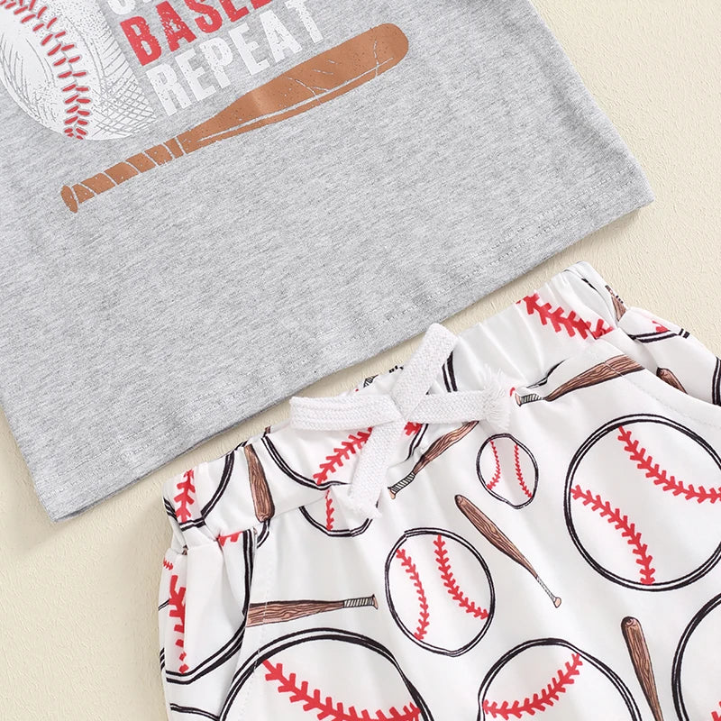 Baby Toddler Boys 2Pcs Eat Sleep Baseball Repeat Outfit Baseball Letter Print Short Sleeve Top and Elastic Shorts Clothes Set