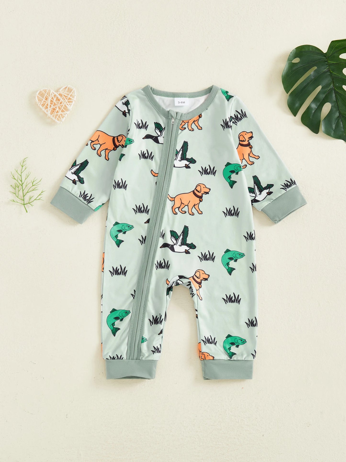 Baby Boys Girls Jumpsuit Casual Long Sleeve Round Neck Animal Grass Print Zipper Romper Footless Newborn Outfit