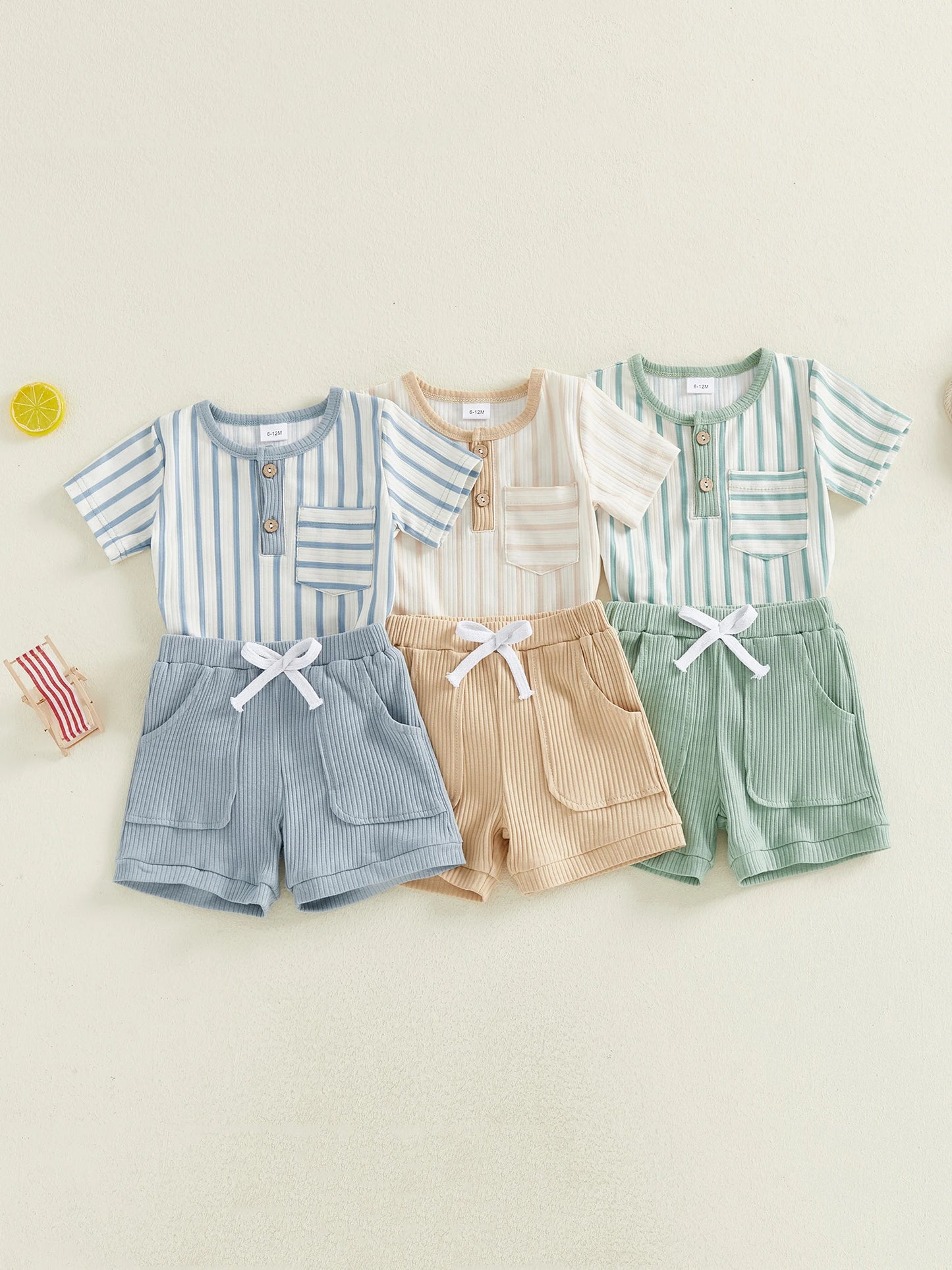 Baby Toddler Boys 2Pcs Summer Outfits Short Sleeve Stripes Print Romper Shorts Set