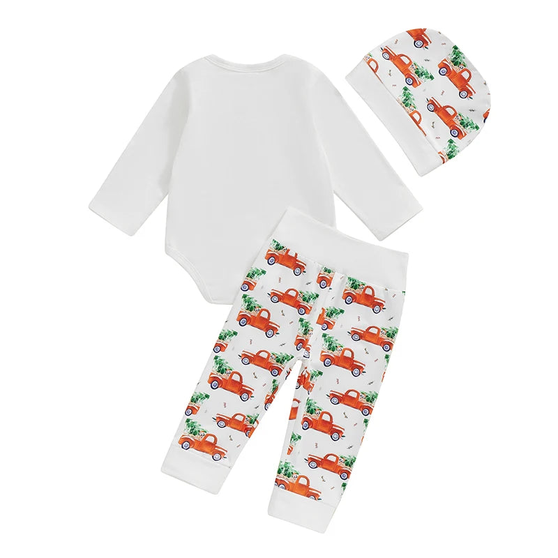 Baby Boy Girl 3Pcs My First Christmas Outfit Letter Long Sleeve Romper Elastic Waist Tree Truck Print Pants Hat Set