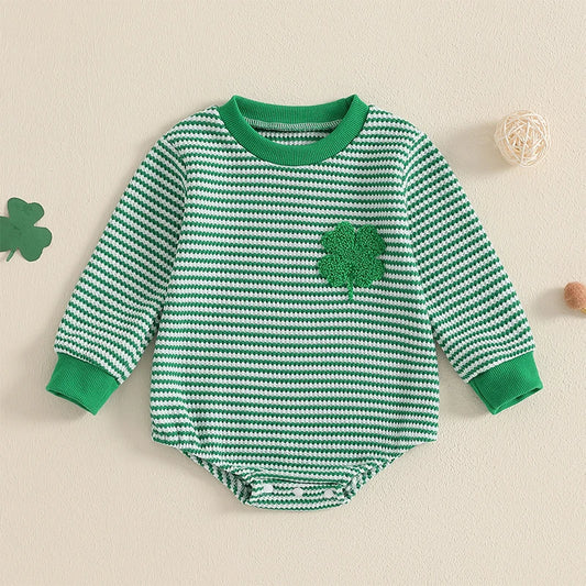 Baby Girls Boys St. Patrick's Day Romper Striped Four Leaf Clover Shamrock Waffle Long Sleeve Round Neck Jumpsuit