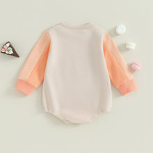 Load image into Gallery viewer, Baby Girls Casual Crewneck Romper Infant Long Sleeve Letter Pie Piece Out Print Contrast Color Romper
