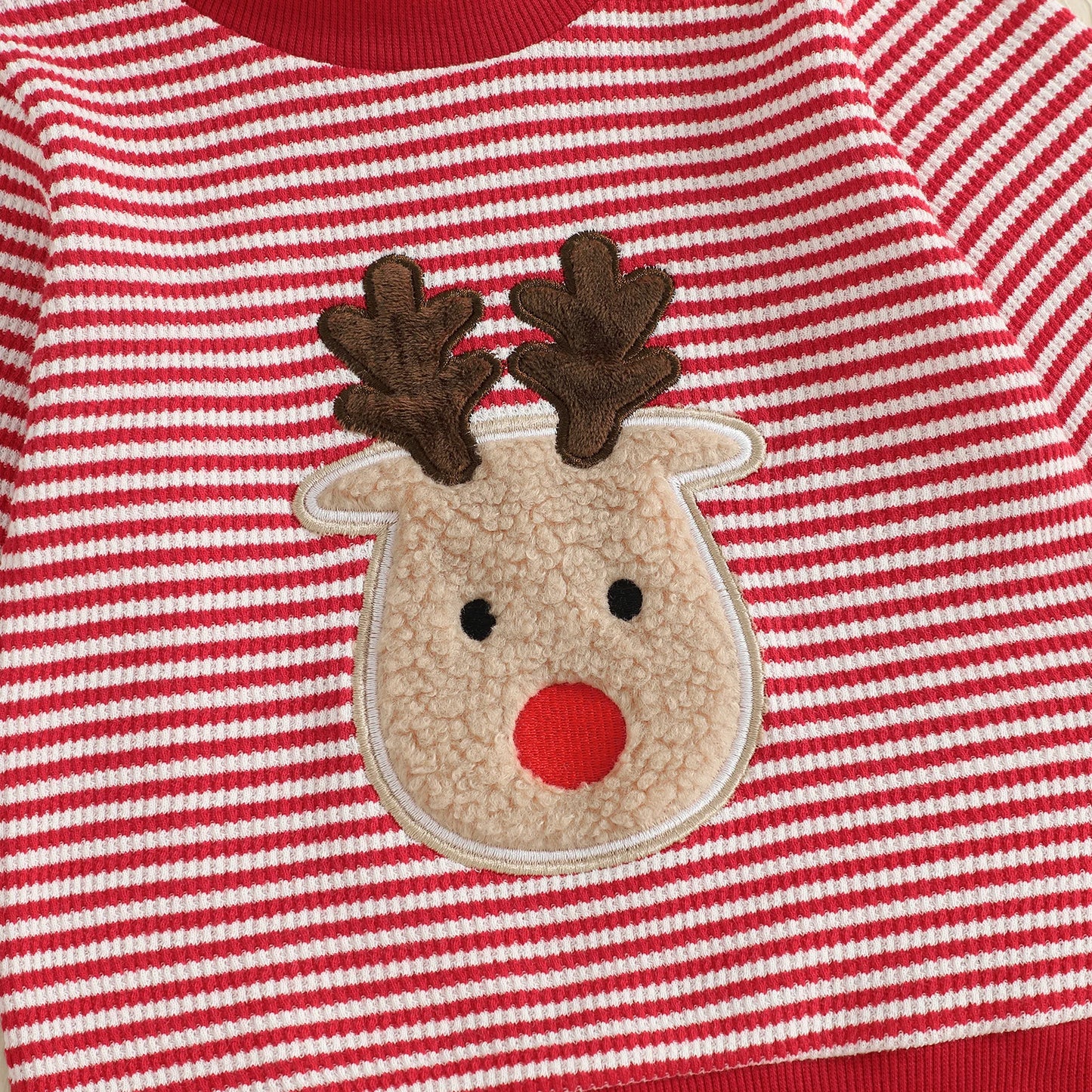 Baby Toddler Boys Girls 2Pcs Christmas Outfit Reindeer Embroidery Stripe Long Sleeve Round Neck Pullover Top + Elastic Waist Long Pants Jogger Set